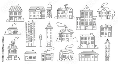 A collection of various houses and buildings are illustrated in a dfghtred style.