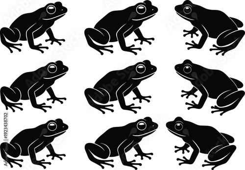 Frog silhouette collection, different amphibian poses isolated on white background for wildlife and animal design