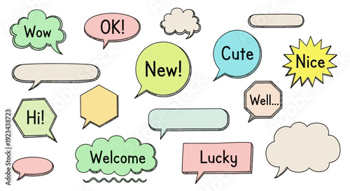 A colorful collection of various speech bubbles and thought clouds with positive words and phrases