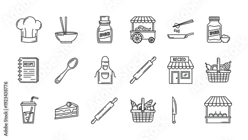 Culinary Collection: A detailed vector illustration of various culinary tools and items, offering a comprehensive glimpse into the world of cooking and food preparation. 