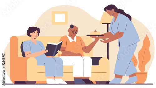 Caregivers assist two elderly seniors on a couch, one reading a book and another serving cake.