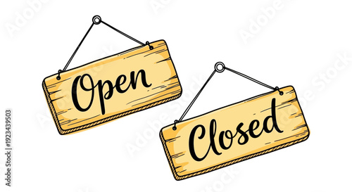 Two wooden signs hang showing open and closed labels side by side