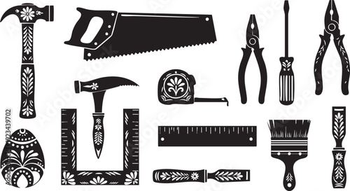 Ornate black and white tools including hammer, saw, pliers, and paintbrush on white background