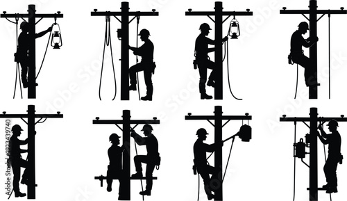 Electrician worker silhouettes climbing utility pole and repairing power lines isolated on white background vector illustration collection