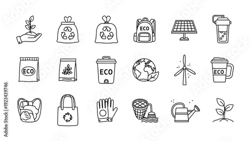 Eco-Friendly Icons: A visually appealing collection of eco-friendly icons, showcasing sustainable practices and environmental conservation. Symbols for a greener future.