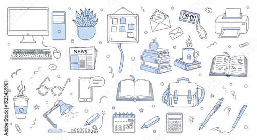 A cluttered office desk with various objects scattered around on a dfghtred background