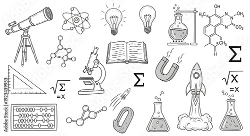 A detailed illustration of various science and technology elements including a telescope, microscope, rocket, and chemical compounds in a educational setting with equations and symbols.