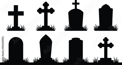 Gravestone silhouettes collection with crosses and tombstones isolated on white background, cemetery vector illustration set for Halloween design