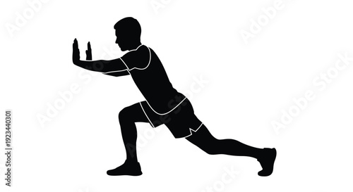Vector graphic illustration depicting a male athlete performing a deep lunge stretch while pushing against a vertical surface for resistance training or warm-up exercises.