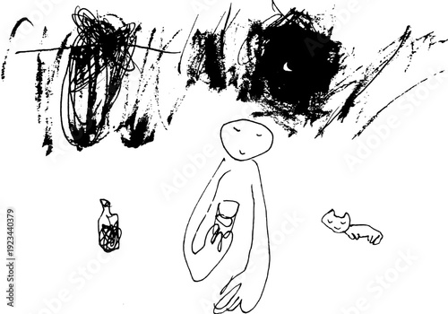 Hand drawn person drinking whiskey on a moonlit night with a cat