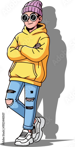 A young man wearing casual clothing and sunglasses stands confidently with his arms crossed and shadow cast beside him.