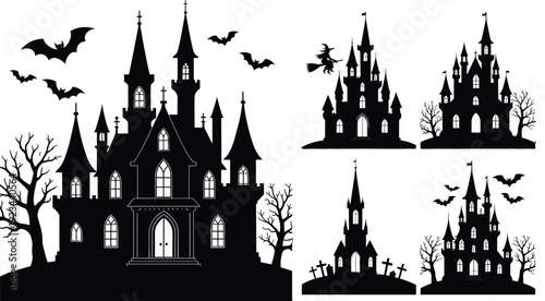 Haunted castle silhouettes collection, spooky gothic mansion with bats and bare trees isolated on white background Halloween illustration set
