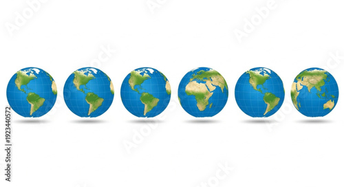 Six realistic globes in a row showing different continents.