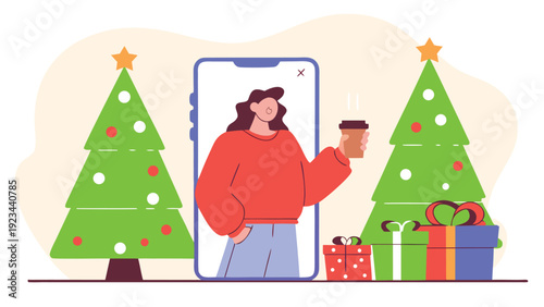 Casual woman using a smartphone for online Christmas shopping, surrounded by festive trees and gifts.