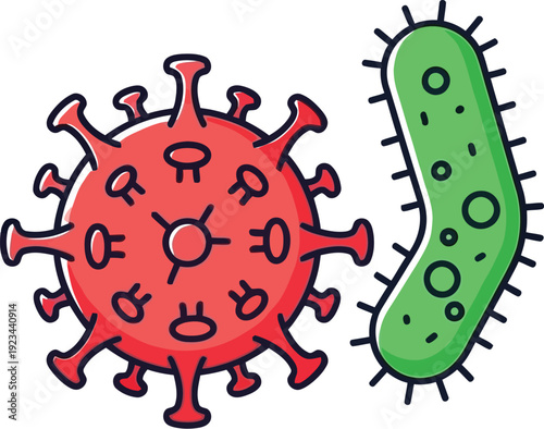Microscopic view displays a red spikey virus next to a green rod-shaped bacterium illustrating infectious agents.