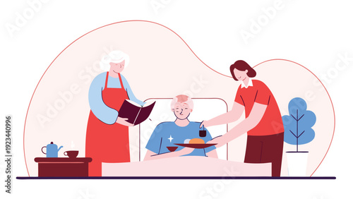 Two caregivers assist a senior man in bed, one reading a book and another serving a meal.