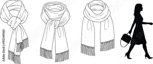 Winter scarf collection with different wrapping styles and woman silhouette isolated flat vector illustration fashion accessory concept