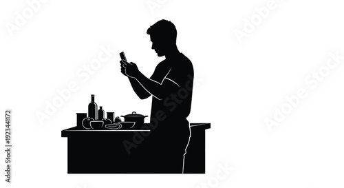 Silhouette vector graphic illustration of a man using his mobile phone while standing near a kitchen counter stocked with cooking ingredients and bottles