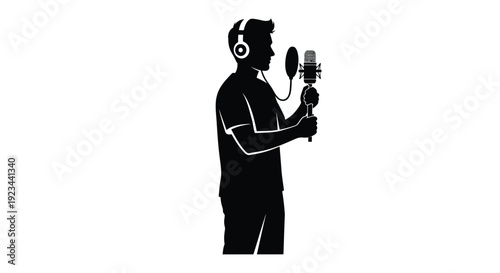 Vector graphic silhouette illustration of a male singer or podcaster wearing headphones while holding a professional studio microphone for recording audio.