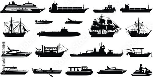 Boat and ship silhouette collection, maritime vessel types set, sailing ship yacht fishing boat cargo ship submarine, sea transport industry, nautical transport illustration