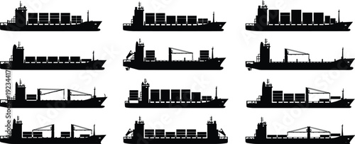 Container cargo ship silhouette collection, maritime freight transport vessels set, commercial shipping logistics, global trade industry, sea cargo transportation, industrial marine transport