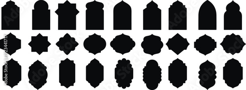 Islamic geometric arch silhouette collection, traditional Arabic window frames vector shapes isolated on white background for design