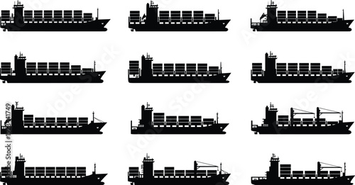 Container cargo ship silhouette collection, maritime freight transport vessels, commercial shipping logistics, global trade industry, sea cargo transportation, industrial maritime shipping 