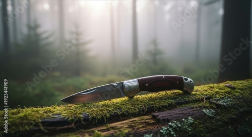 Sharp Folding Knife on Mossy Log in Serene Foggy Forest Setting