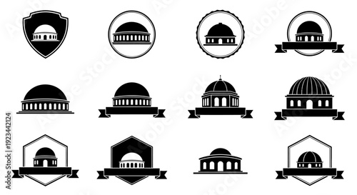 Mosque Dome Logo Set, Islamic Architecture Vector Icons with Shield and Ribbon Badges