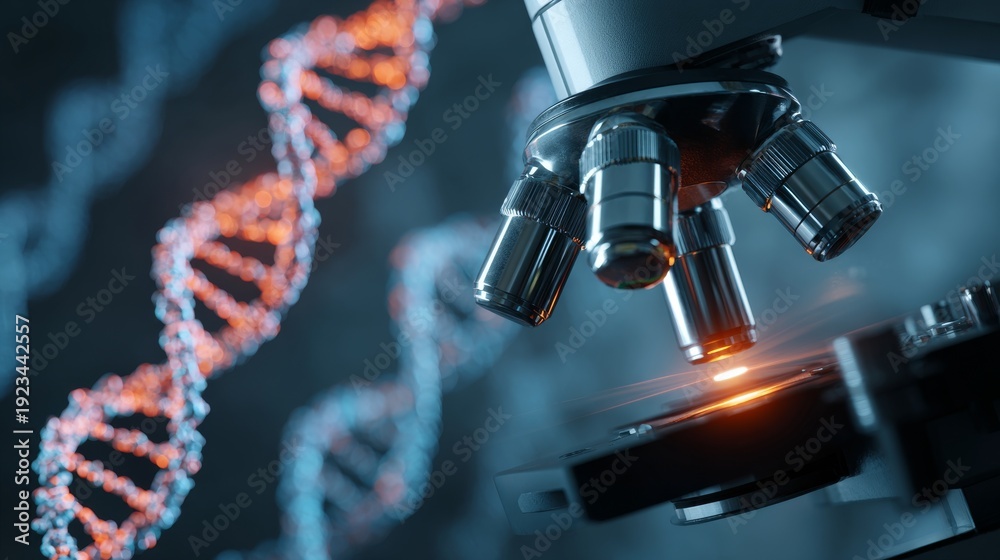 Fototapeta premium Close-up microscope with laboratory equipment background and macro dna illustration, animated style concept of innovative medical and scientific research, biotechnology and molecular biology innovatio