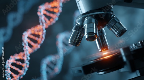 Close-up microscope with laboratory equipment background and macro dna illustration, animated style concept of innovative medical and scientific research, biotechnology and molecular biology innovatio