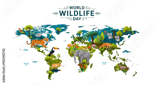 Vector illustration of a colorful world map featuring various endangered animals for World Wildlife Day 2026, highlighting conservation and biodiversity.