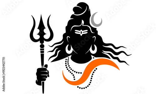  Black and Orange Silhouette Illustration of Lord Shiva Holding Trishul with Crescent Moon for Hindu, Spiritual, and Religious Design Concepts