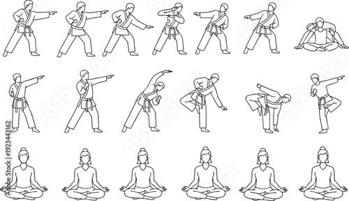 Martial arts poses and yoga meditation positions, human body movement sequence, fitness training illustration set, isolated line art vector
