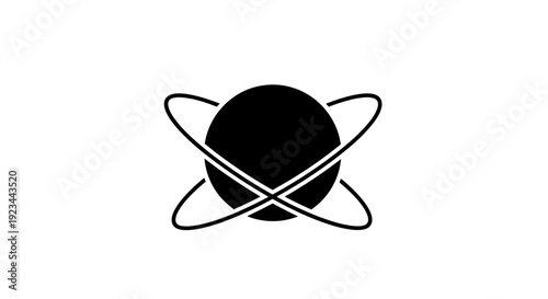Black planet with orbiting rings symbol.
