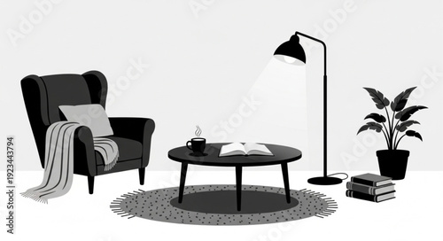 Cozy Living Room Scene with Armchair and Coffee Table.