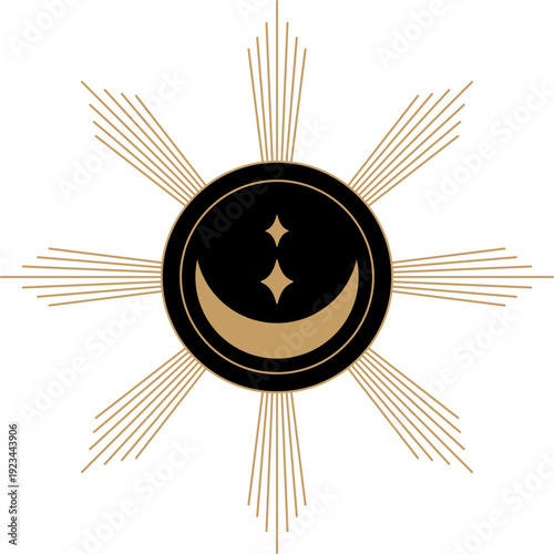 Mystical sun with crescent moon