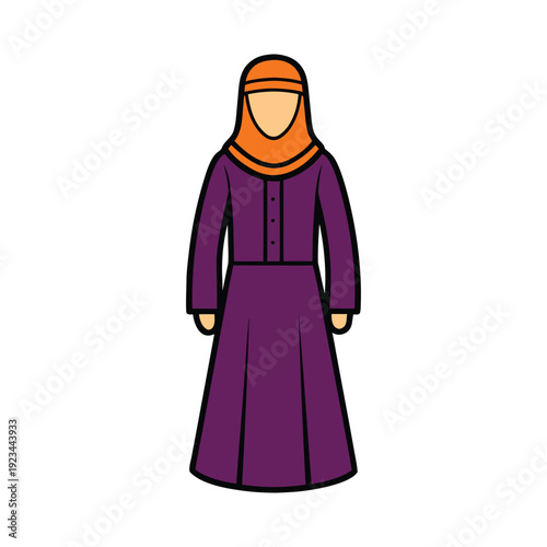 Flat illustration of a muslim woman wearing a purple abaya and orange hijab isolated on white background