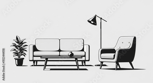 Modern living room furniture with potted plant and floor lamp.