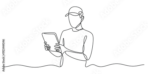 Continuous line drawing of a delivery man or worker wearing a cap and holding a digital tablet.