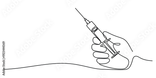 Continuous line drawing of a hand holding a medical syringe for vaccination or injection