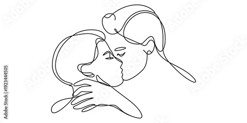 Continuous line drawing of a romantic couple sharing an intimate kiss on a white background