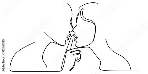 Continuous line drawing of a romantic couple about to kiss with a secret gesture