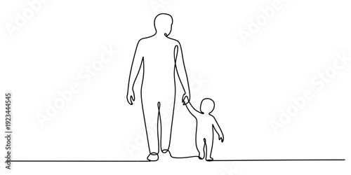 Continuous line drawing of a father holding hands with his young child while walking together.