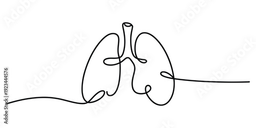 Continuous one line drawing of human lungs showing the respiratory system on white background.