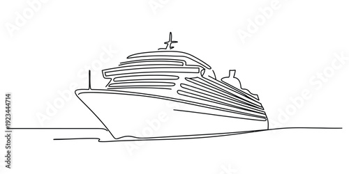A continuous line drawing of a large cruise ship sailing on a calm ocean surface