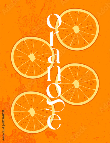 Orange citrus vertical poster with sliced oranges in geometric composition. Fresh summer card for food branding, juice bars, restaurant, modern wall decor. Vector illustration