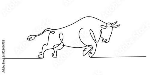 Continuous line drawing of a powerful bull charging forward in a minimalist art style