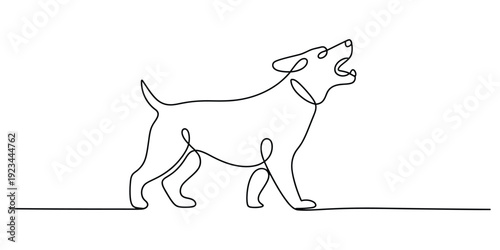 Continuous line drawing of a barking dog with its head tilted upwards in a minimalist art style.