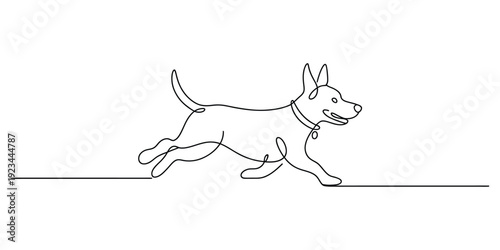 Single line drawing of a playful dog in motion, running with its ears up and tail wagging